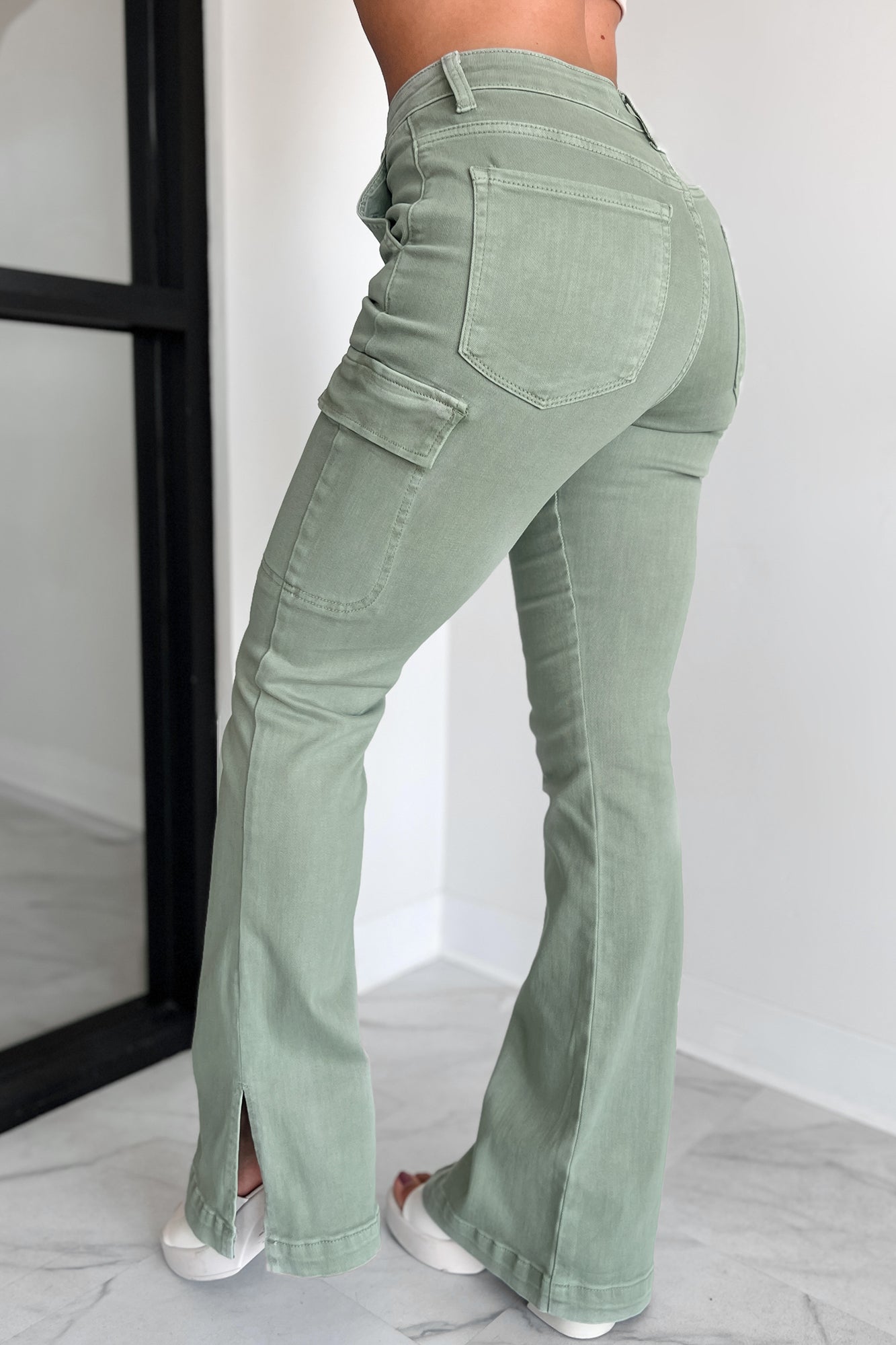 Indiana High Rise Split Hem Cargo Bootcut Jeans (Sage) - NanaMacs