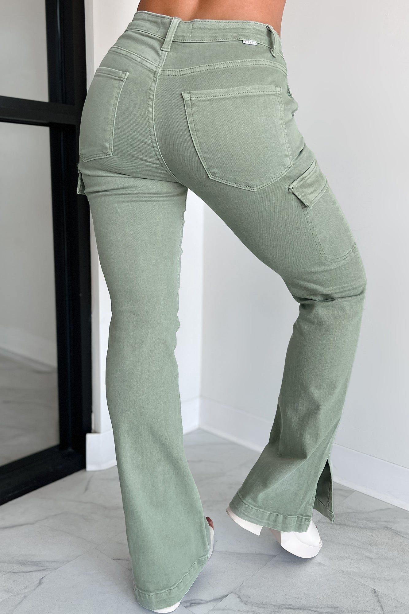 Indiana High Rise Split Hem Cargo Bootcut Jeans (Sage) - NanaMacs