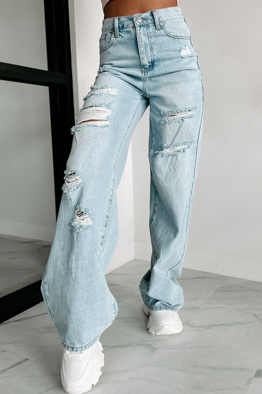 Callahan High Rise Distressed Wide Leg Jeans (Light Stone) - NanaMacs