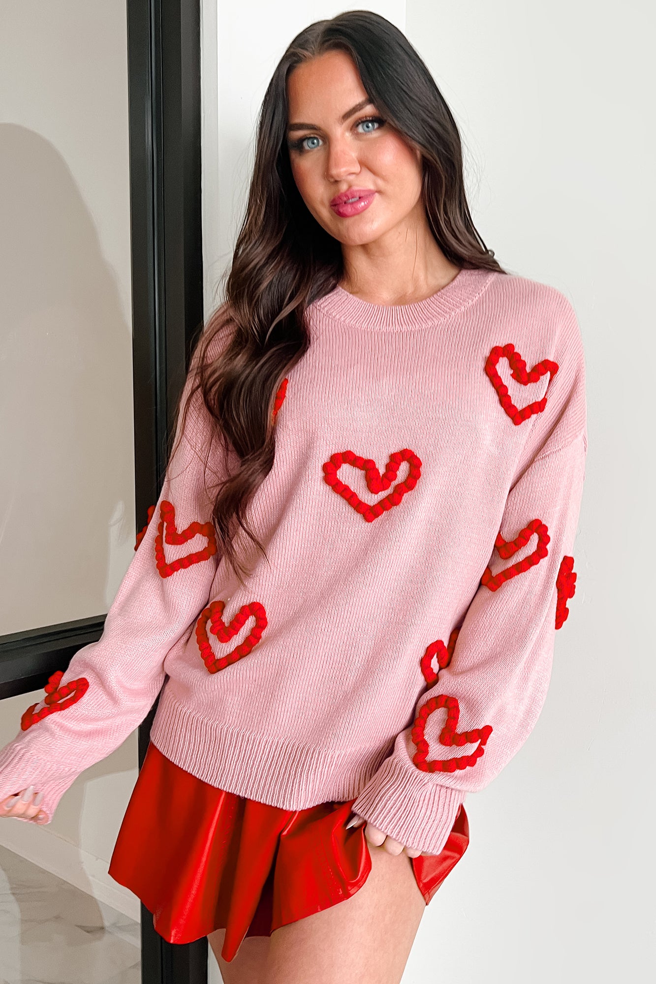 Thoughts About You Bubble Heart Knit Sweater (Blush/Red) - NanaMacs