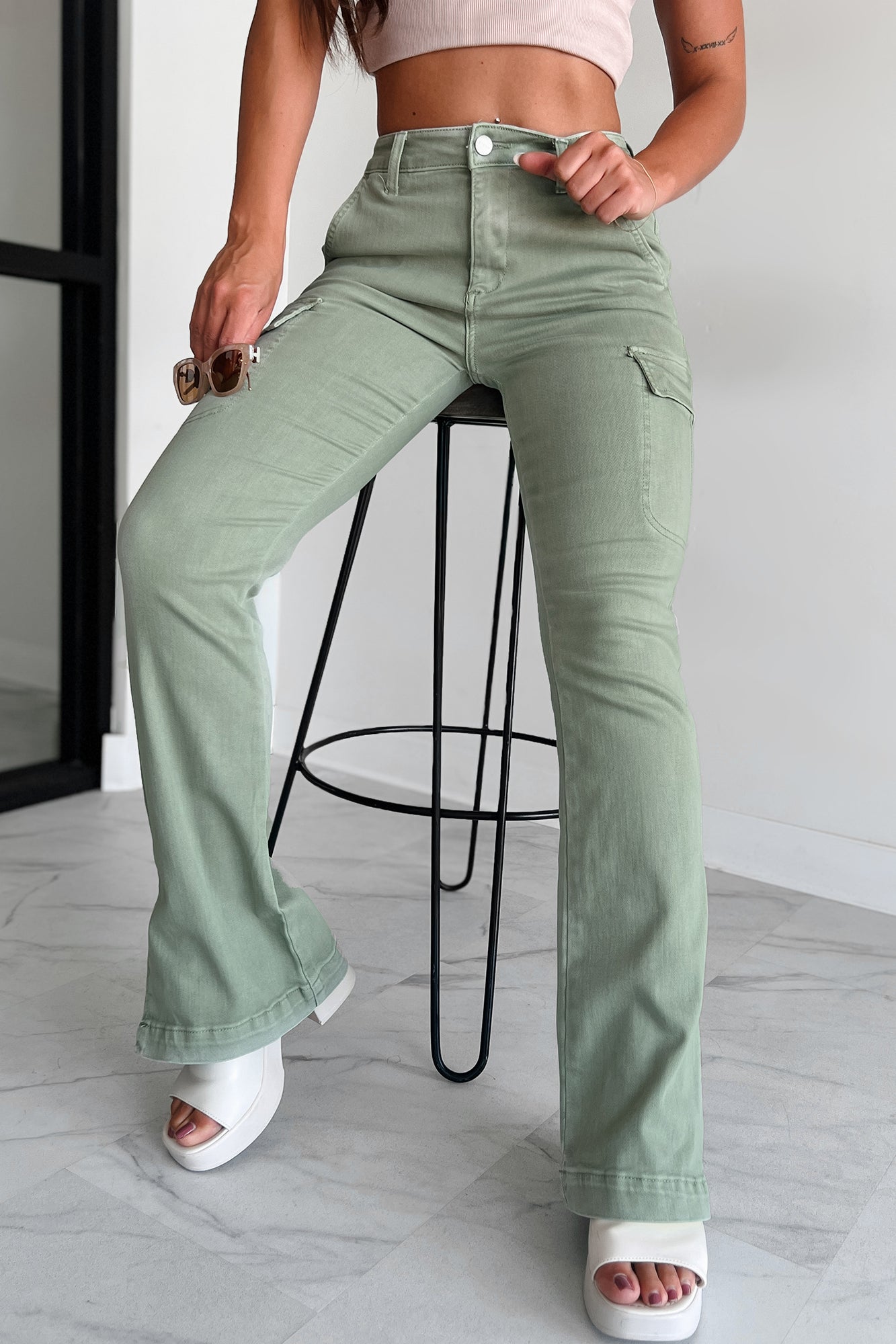 Indiana High Rise Split Hem Cargo Bootcut Jeans (Sage) - NanaMacs