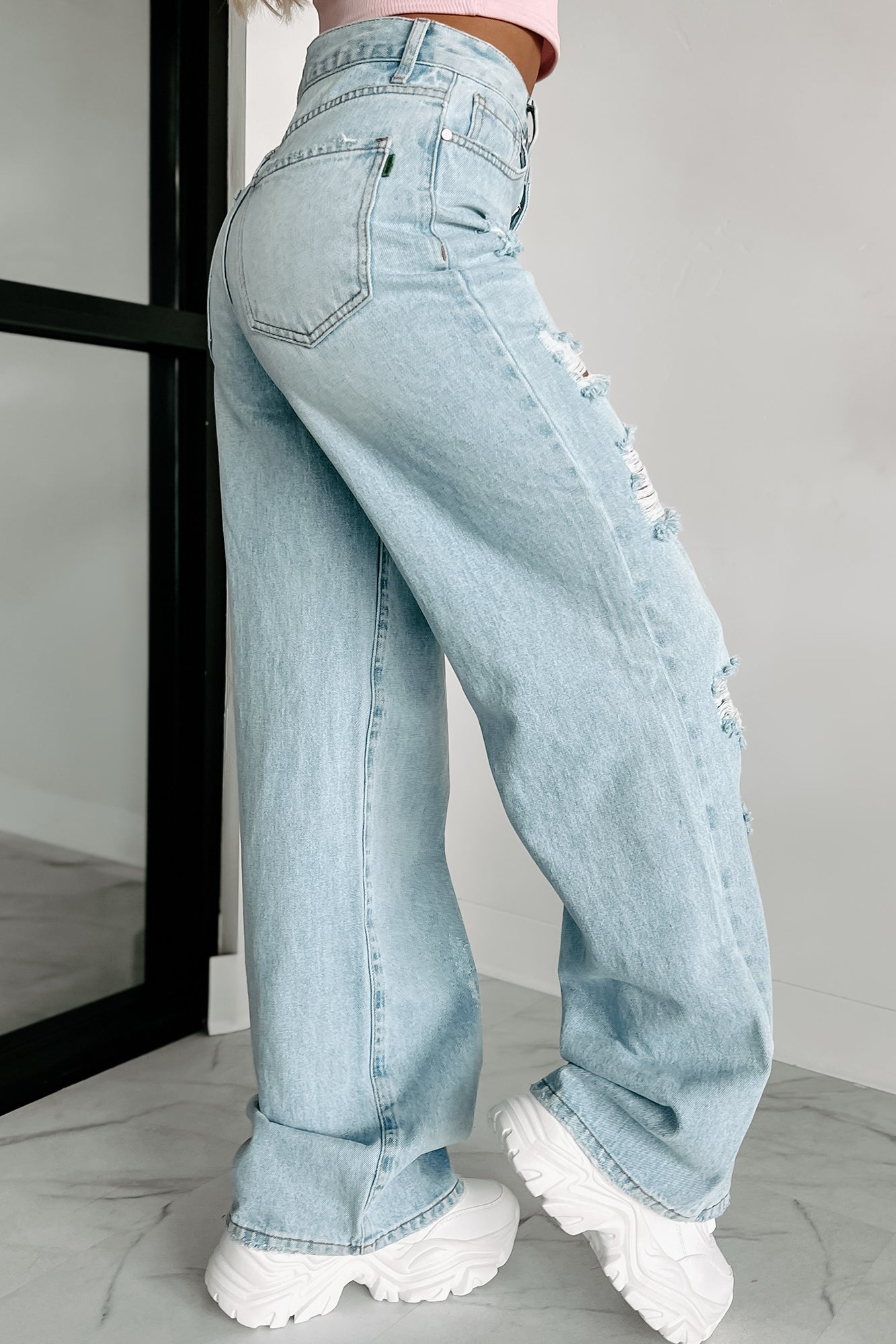 Callahan High Rise Distressed Wide Leg Jeans (Light Stone) - NanaMacs