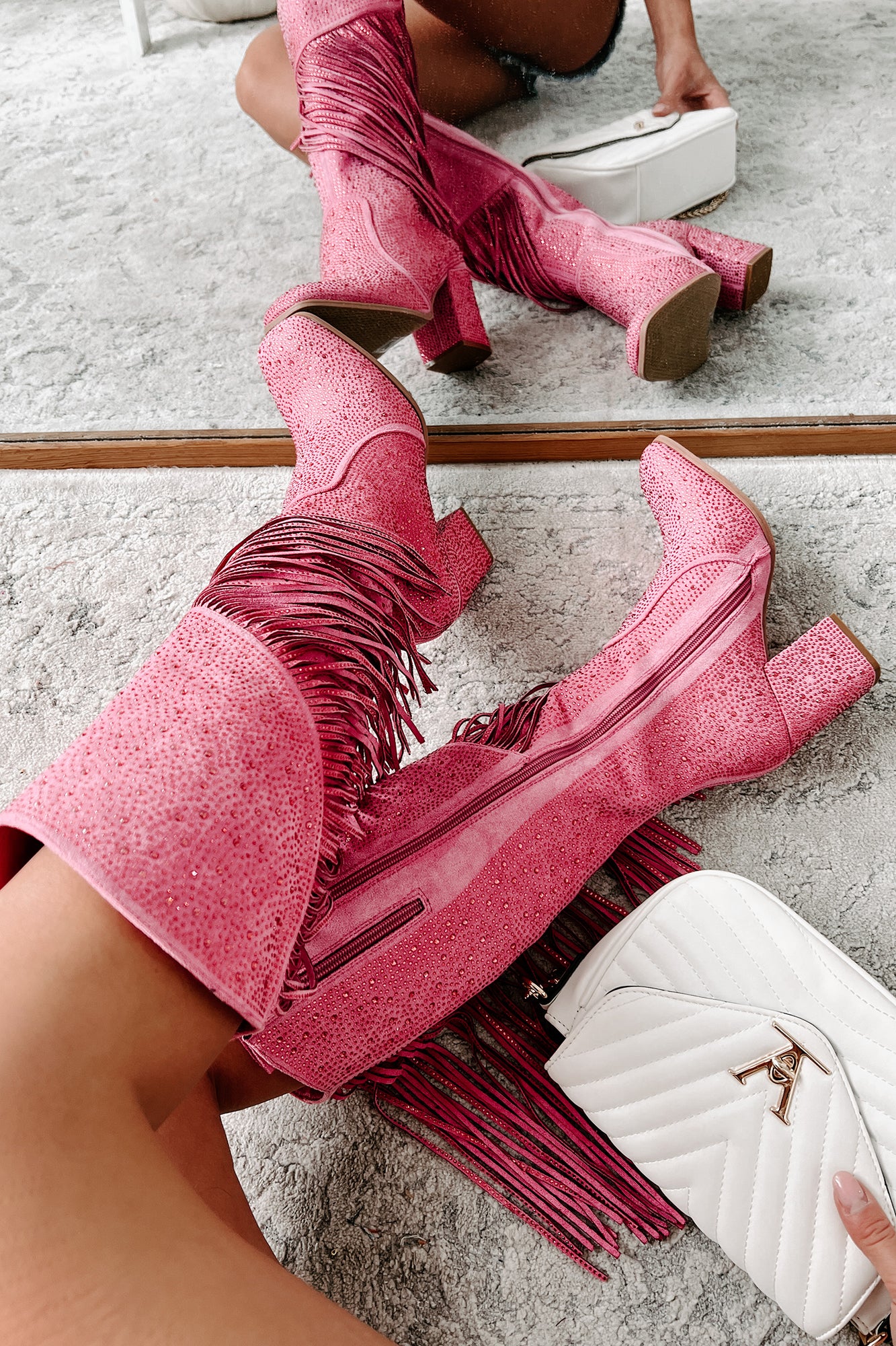 Pink Fringe Boots with Rhinestone Studs 11