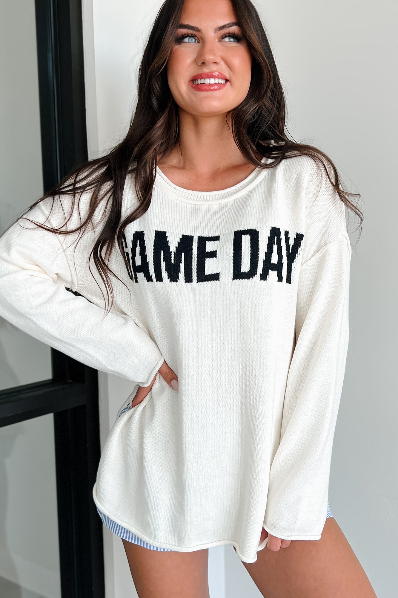 Stylish On The Sideline "Game Day" Sweater (Ivory/Black) - NanaMacs