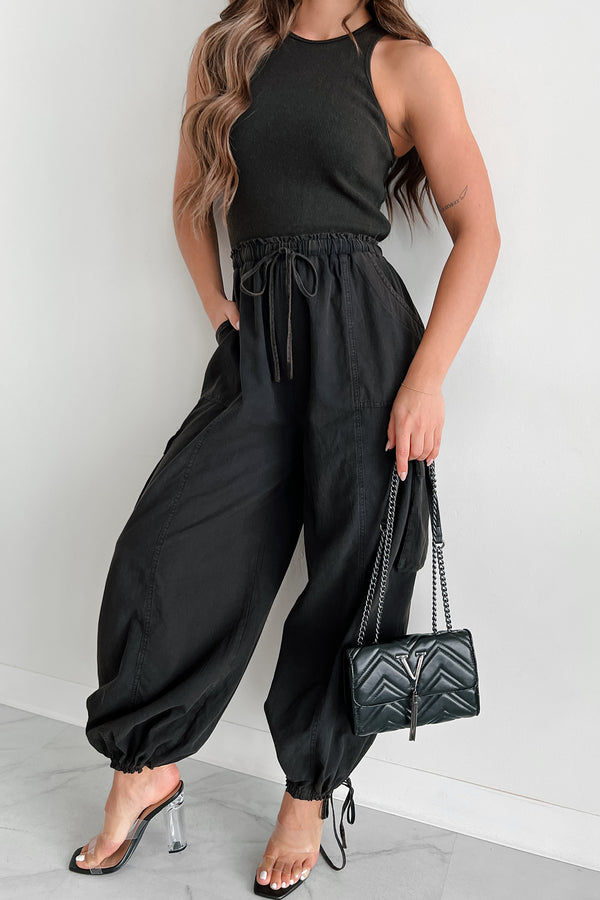 On Thin Ice Mineral Wash Drawstring Cargo Jumpsuit (Black) - NanaMacs