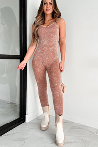 Pilates Then Brunch Mineral Wash Ribbed Catsuit (Deep Camel) - NanaMacs