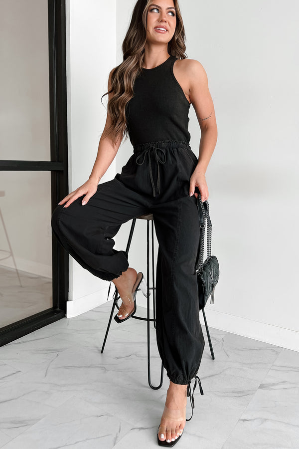 On Thin Ice Mineral Wash Drawstring Cargo Jumpsuit (Black) - NanaMacs