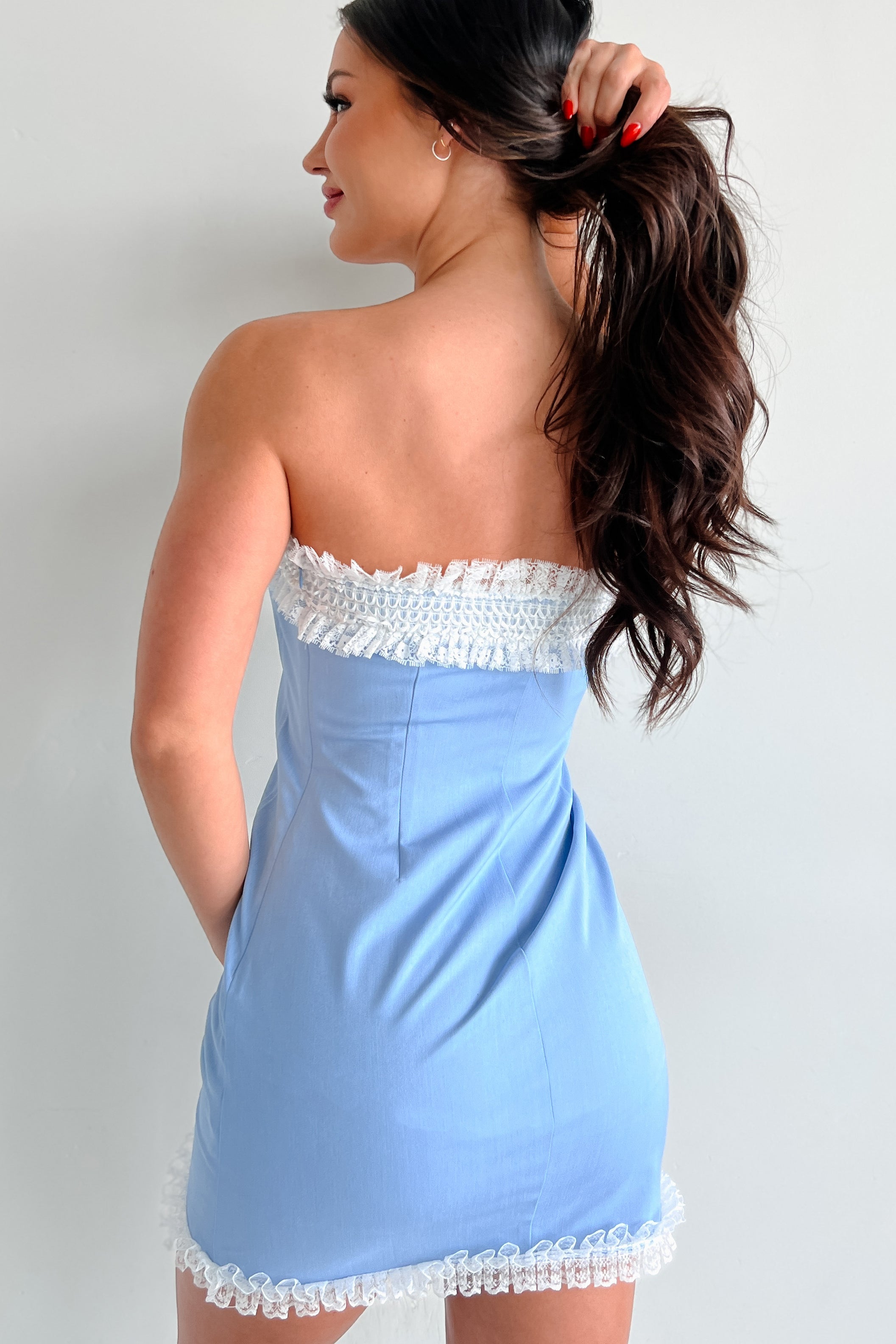 Breaking Hearts Strapless Lace Trim Mini Dress (Light Blue) - NanaMacs