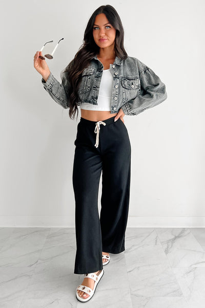 In The Daylight Contrast Tie Waffle Knit Pants (Black) - NanaMacs