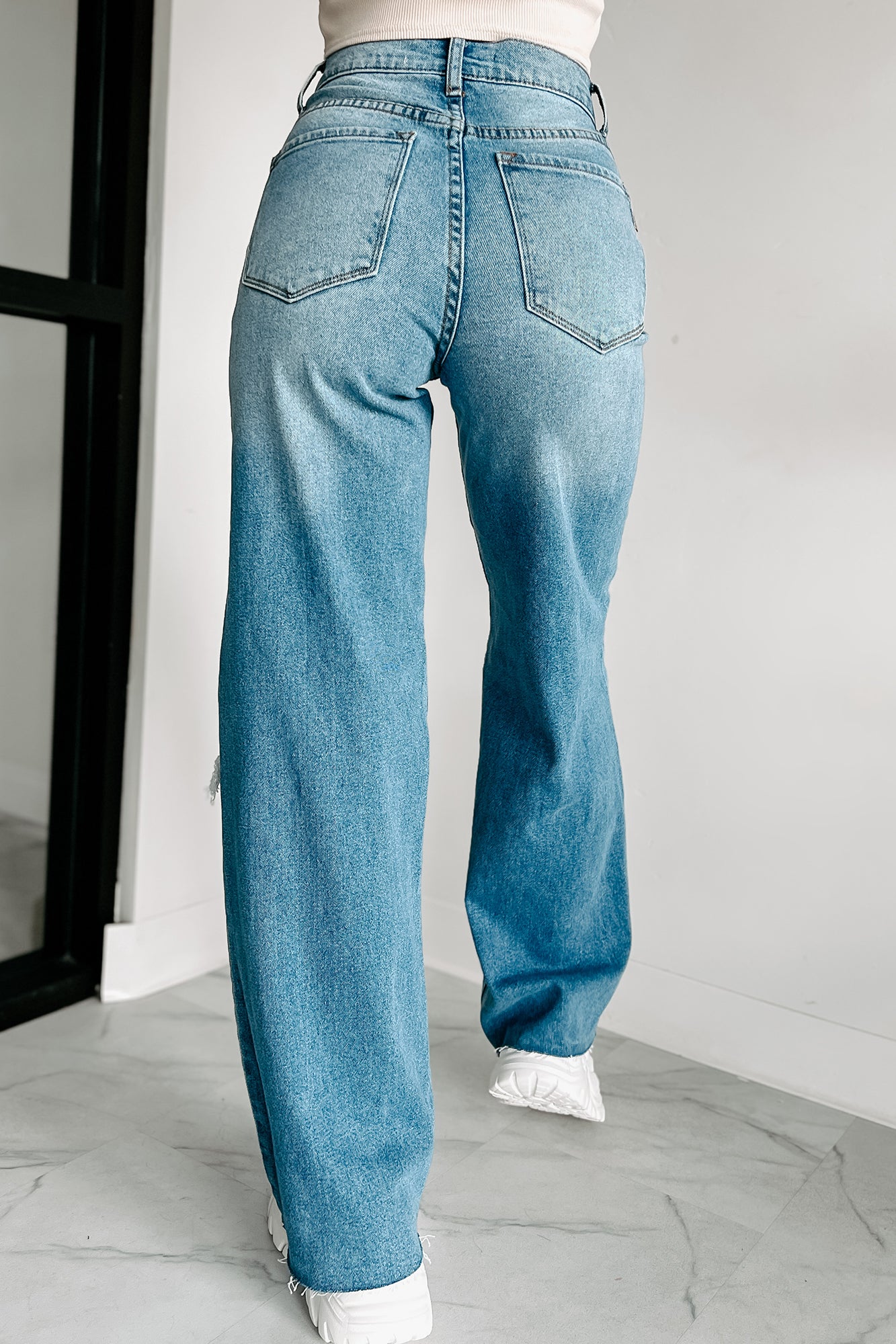 Calder High Rise Distressed Wide Leg Jeans (Medium Stone) - NanaMacs