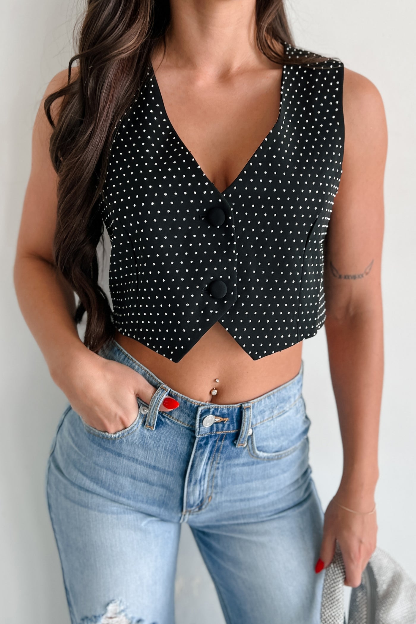 Flirting With Fabulous Rhinestone Vest Top (Black) - NanaMacs