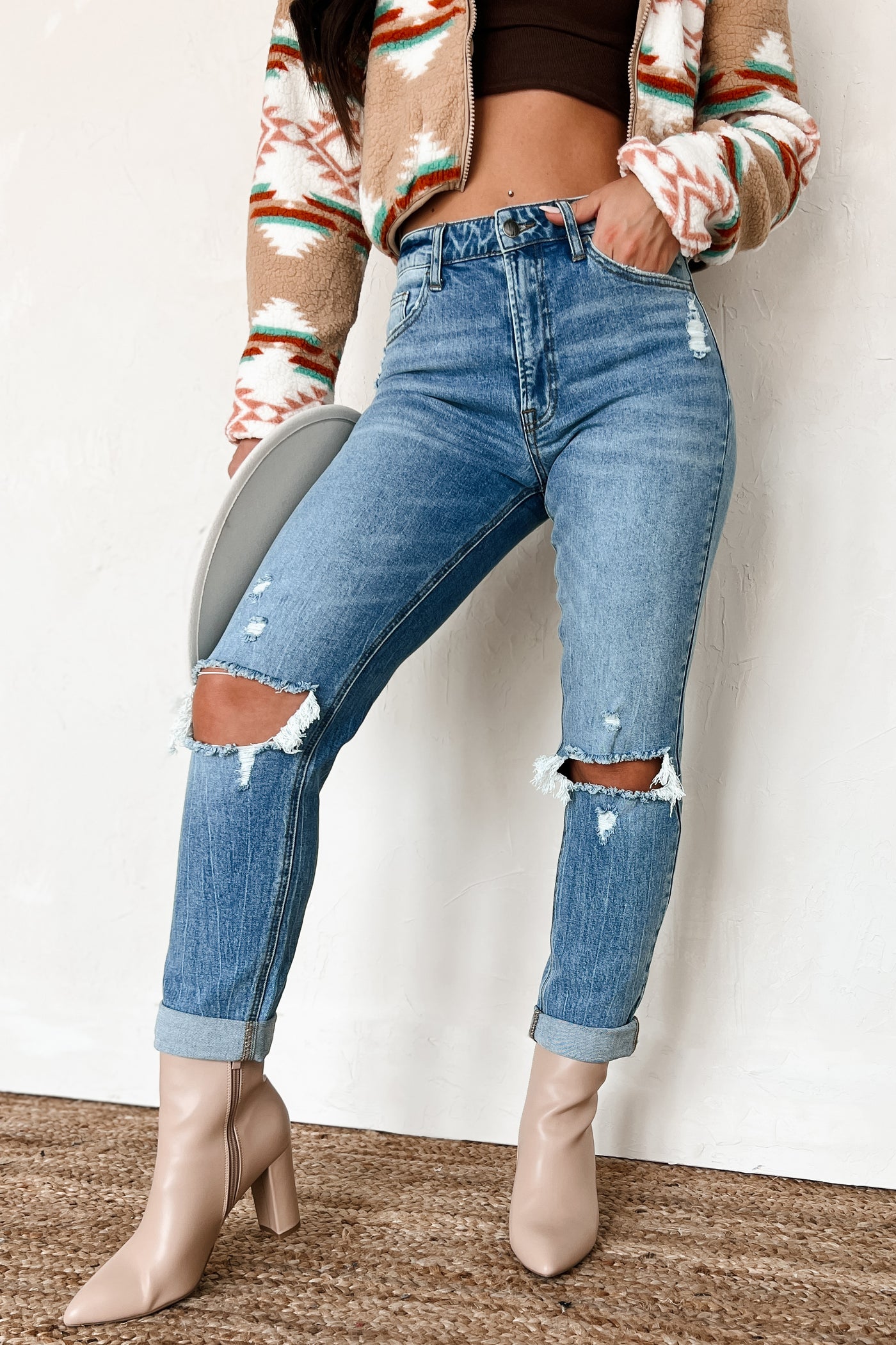 Barry High Rise Distressed Boyfriend Jeans (Medium Denim) - NanaMacs