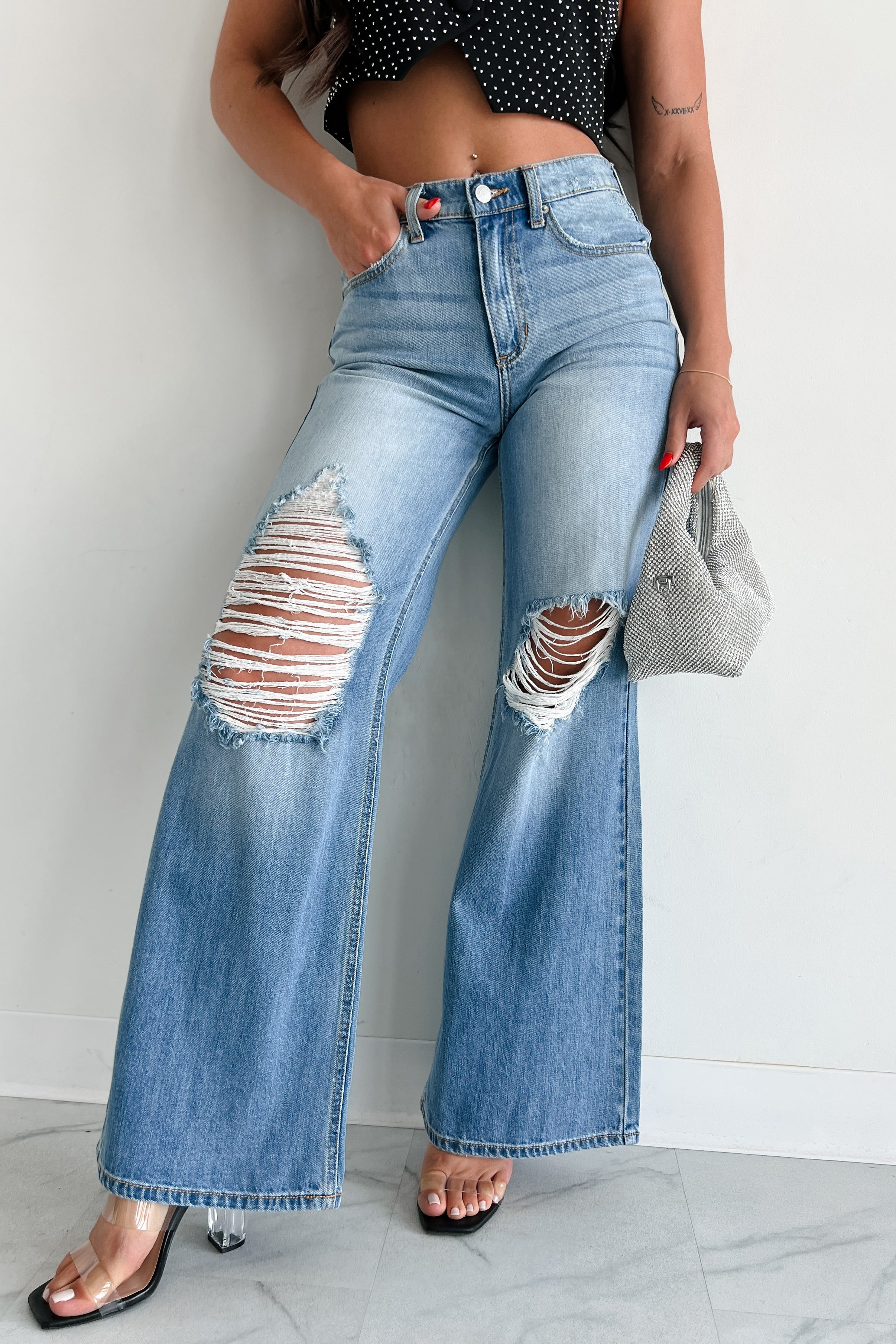 Kyra High Rise Distressed Wide Leg Sneak Peek Jeans (Medium Light) - NanaMacs