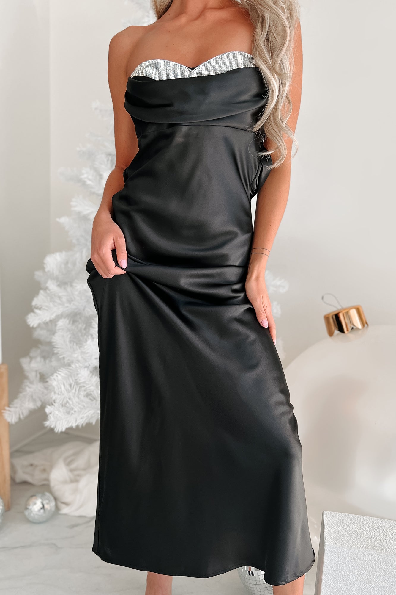 Royal Entrance Satin Maxi Dress With Rhinestone Detail (Black) - NanaMacs