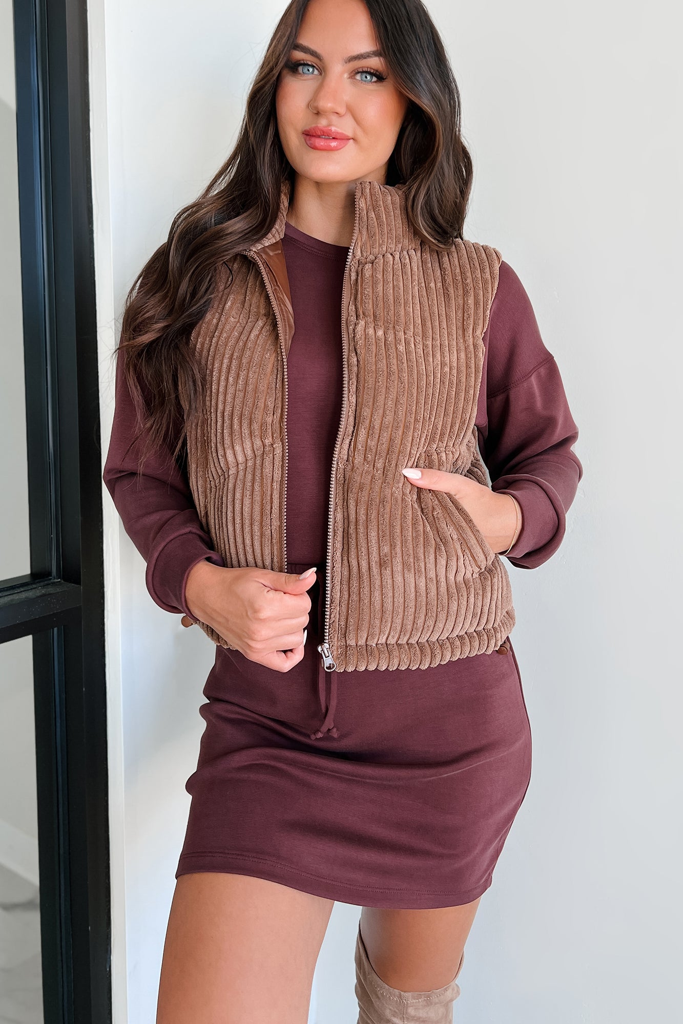 Enjoying Fall Corded Puffer Vest (Chocolate) - NanaMacs