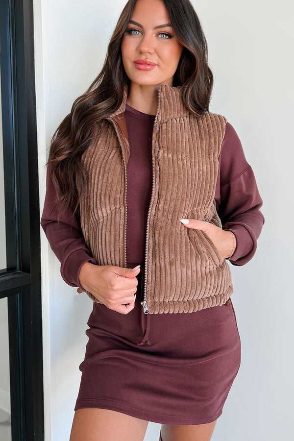 Enjoying Fall Corded Puffer Vest (Chocolate) - NanaMacs