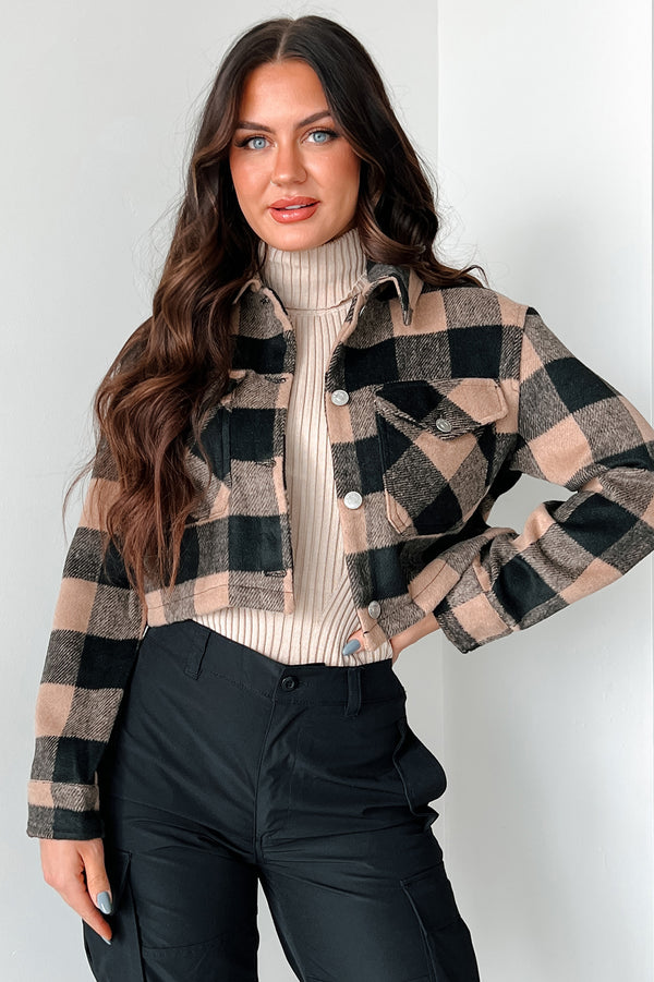 Autumn Aesthetic Plaid Crop Jacket (Camel) - NanaMacs