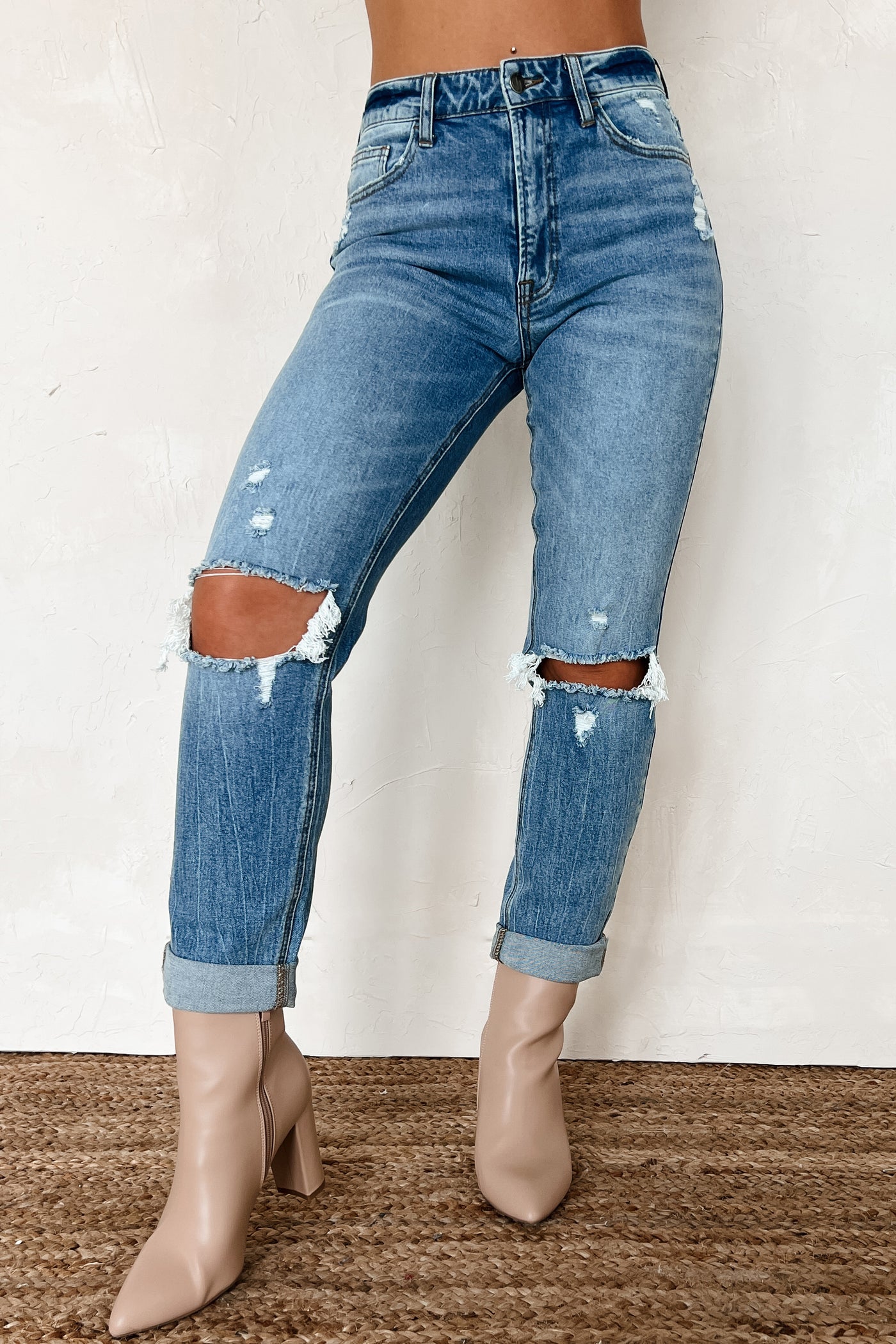 Barry High Rise Distressed Boyfriend Jeans (Medium Denim) - NanaMacs