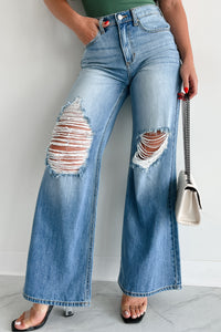 Kyra High Rise Distressed Wide Leg Sneak Peek Jeans (Medium Light) - NanaMacs