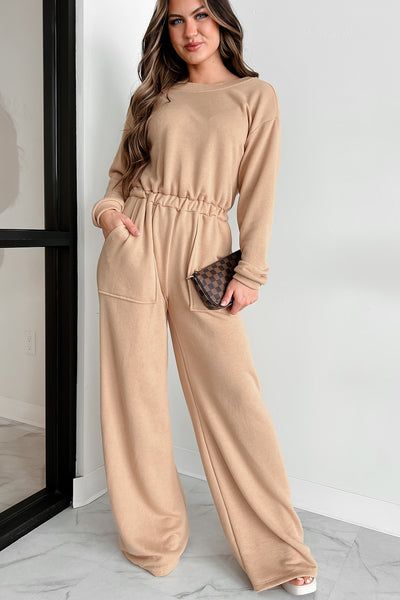 Cozy Refuge Long Sleeve Wide Leg Jumpsuit (Taupe) - NanaMacs