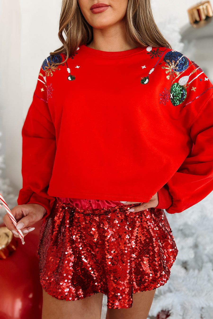 Holiday Wishes Sequin Ornament Sweatshirt (Red) - NanaMacs