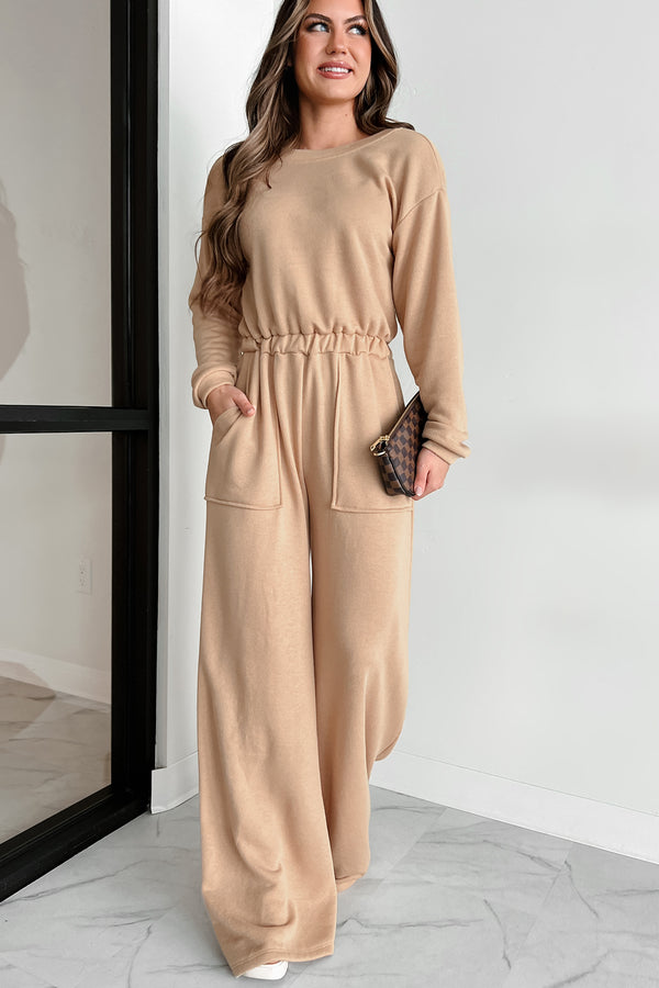 Cozy Refuge Long Sleeve Wide Leg Jumpsuit (Taupe) - NanaMacs