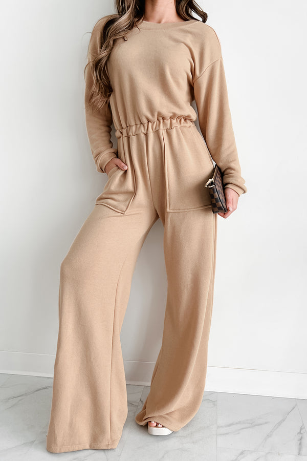 Cozy Refuge Long Sleeve Wide Leg Jumpsuit (Taupe) - NanaMacs