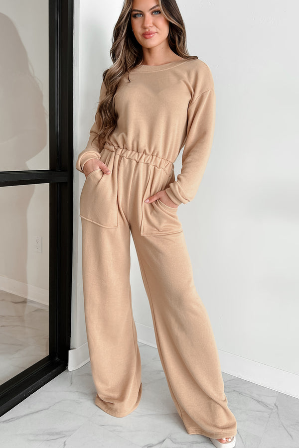 Cozy Refuge Long Sleeve Wide Leg Jumpsuit (Taupe) - NanaMacs