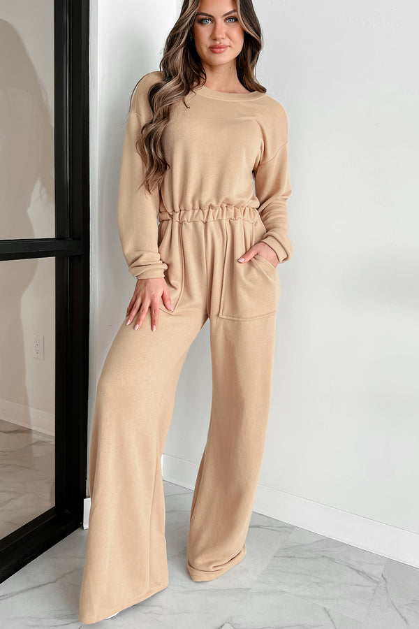 Cozy Refuge Long Sleeve Wide Leg Jumpsuit (Taupe) - NanaMacs