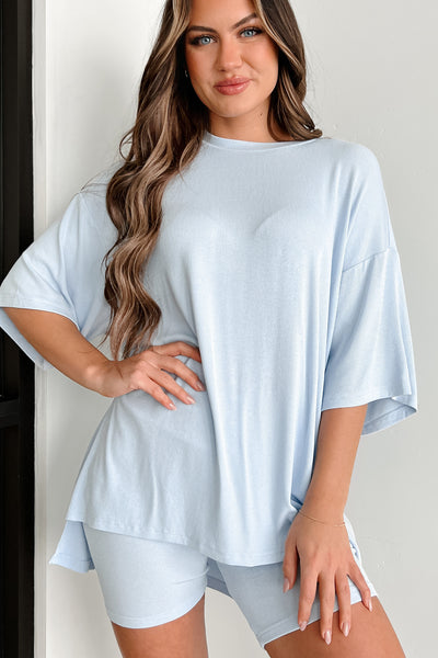 Nap Trapped Ribbed T-Shirt & Biker Shorts Set (Sky Blue) - NanaMacs