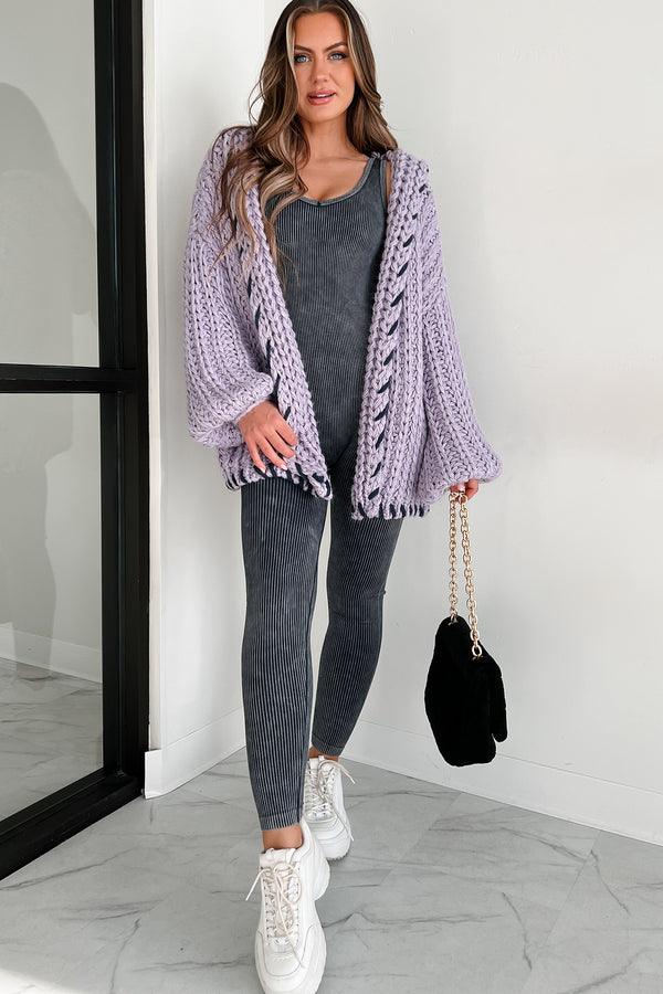 Warm Emotions Stitch Edged Chunky Knit Cardigan (Lilac) - NanaMacs