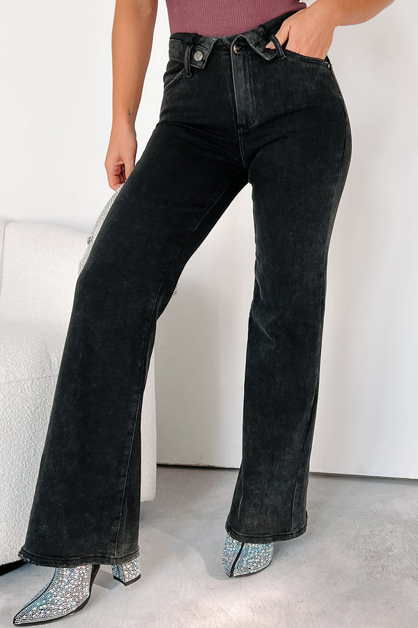 Otto Mid-Rise Folded Waist Risen Wide Leg Jeans (Black) - NanaMacs