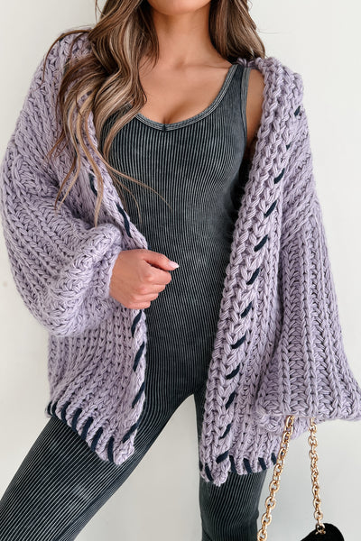 Warm Emotions Stitch Edged Chunky Knit Cardigan (Lilac) - NanaMacs