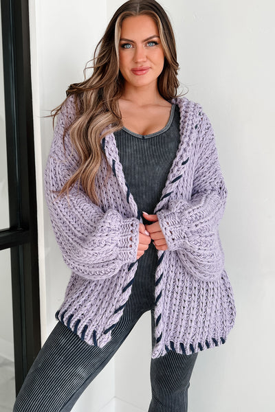 Warm Emotions Stitch Edged Chunky Knit Cardigan (Lilac) - NanaMacs