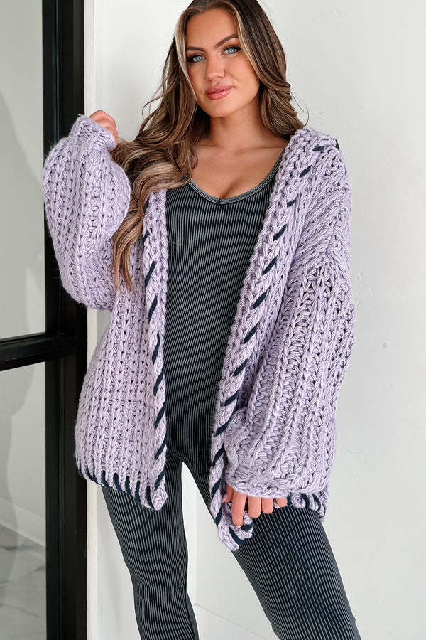 Warm Emotions Stitch Edged Chunky Knit Cardigan (Lilac) - NanaMacs