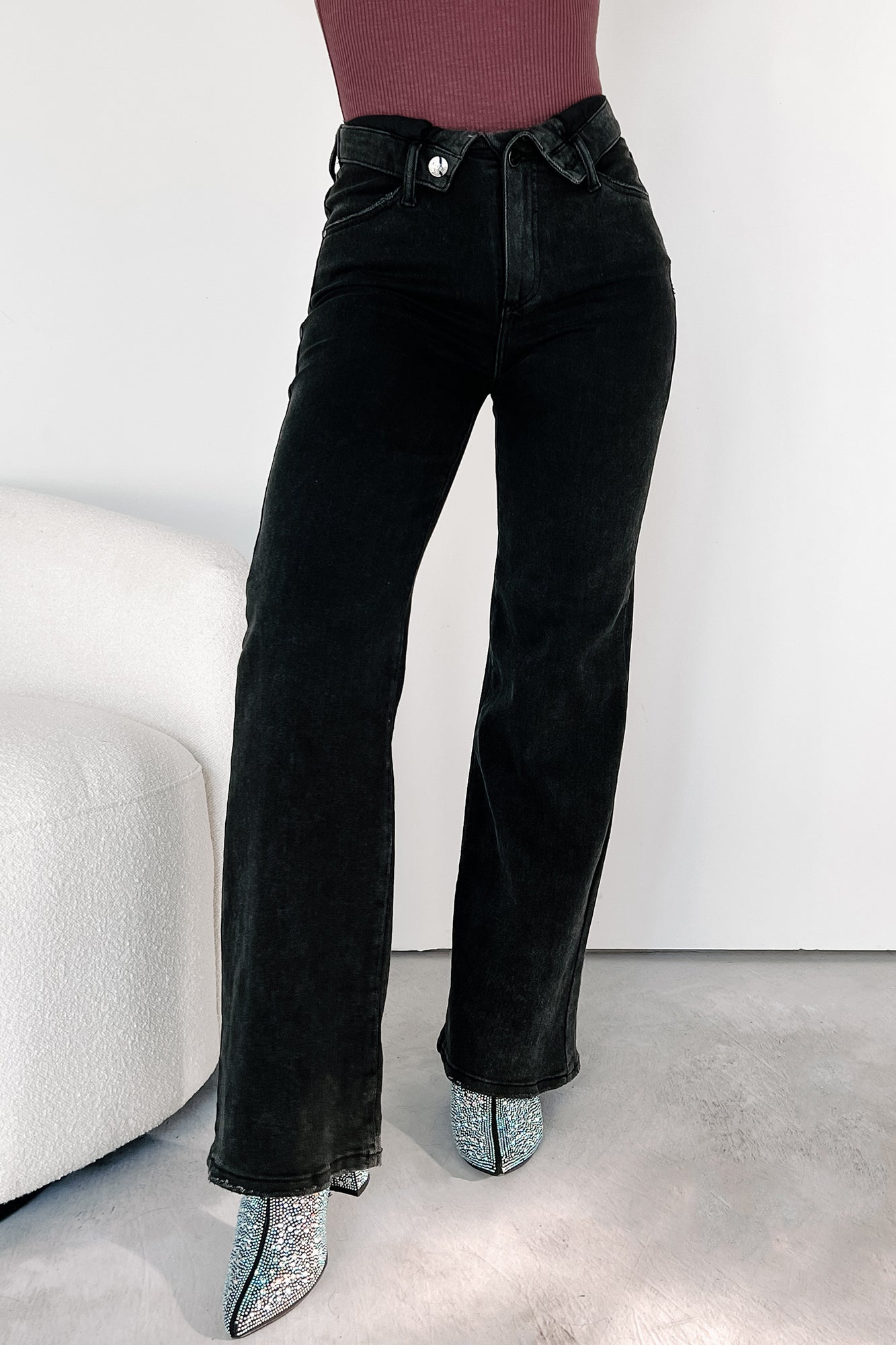 Otto Mid-Rise Folded Waist Risen Wide Leg Jeans (Black) - NanaMacs