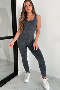 Pilates Then Brunch Mineral Wash Ribbed Catsuit (Ash Black) - NanaMacs