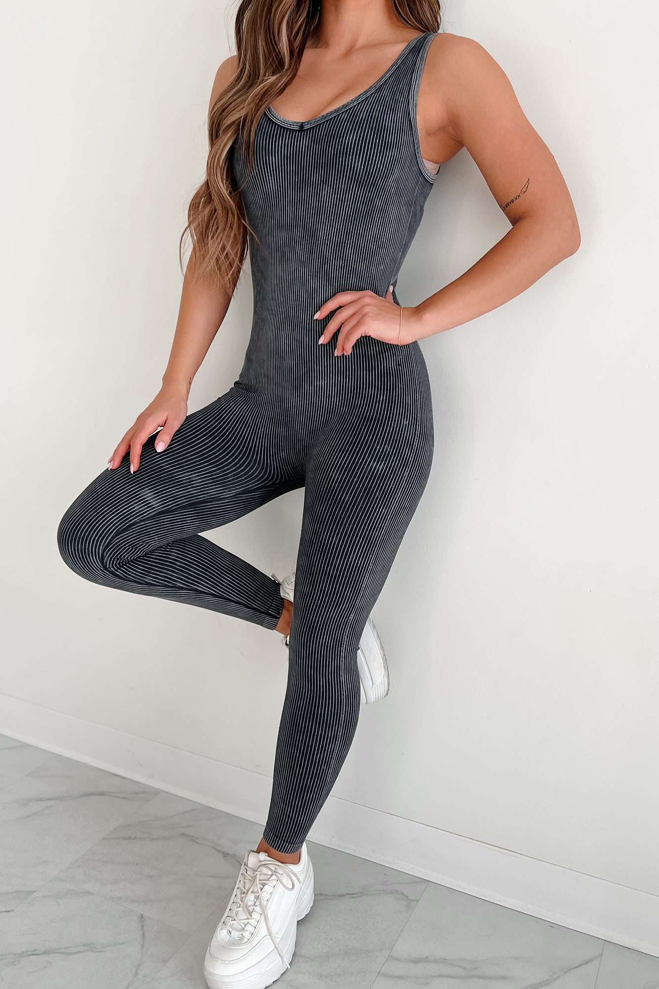 Pilates Then Brunch Mineral Wash Ribbed Catsuit (Ash Black) - NanaMacs