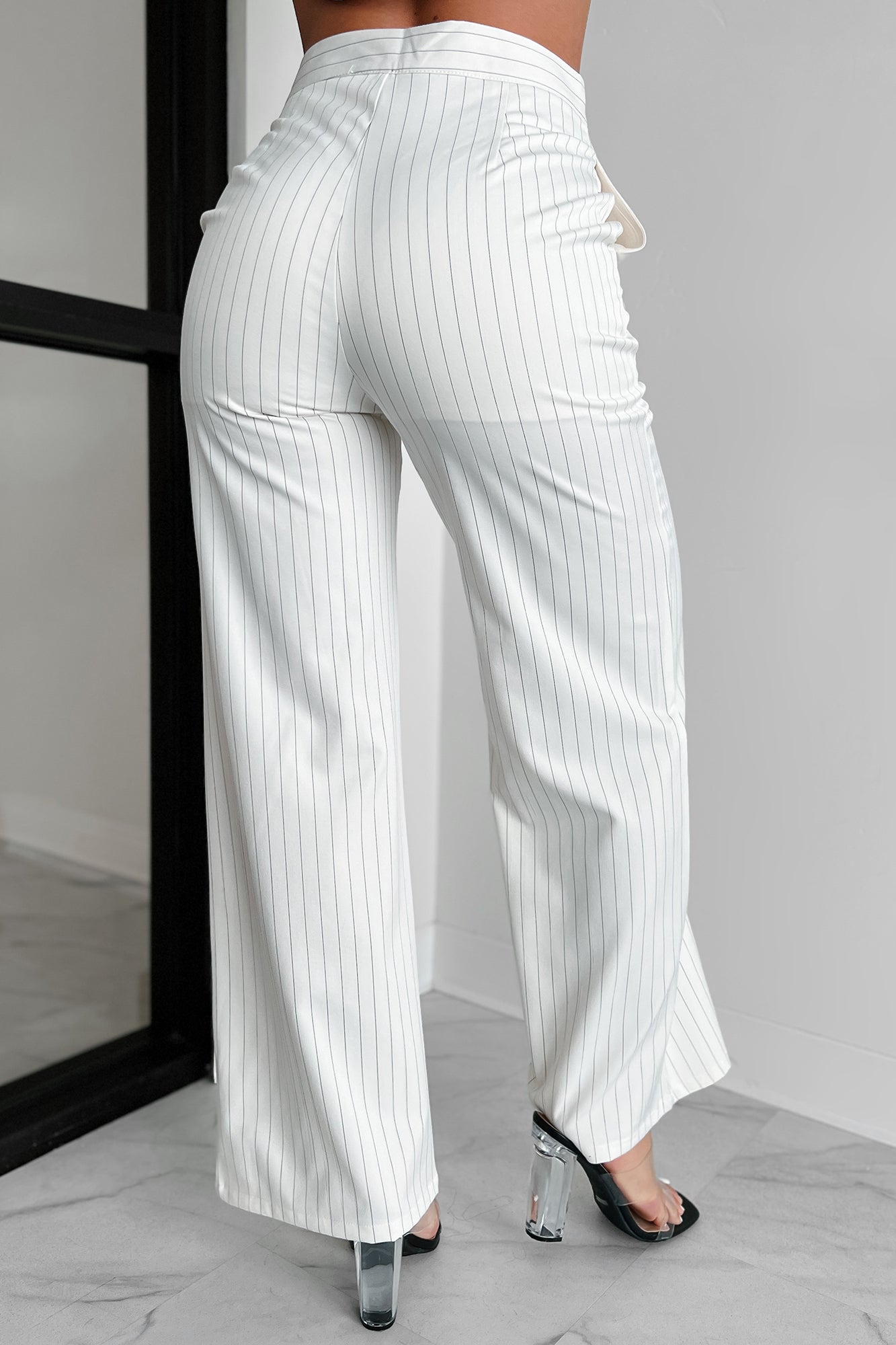 Crisp Lines High Waist Pinstripe Pant (Ivory/Black)