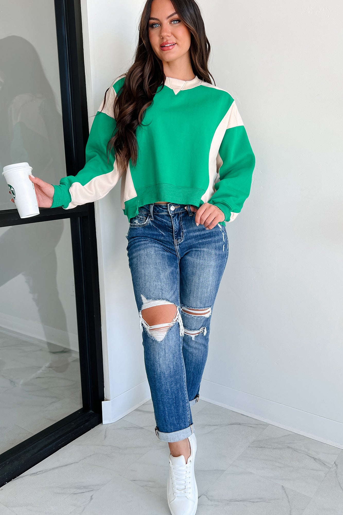 Smile More Colorblock Sweatshirt (Green/Beige) - NanaMacs