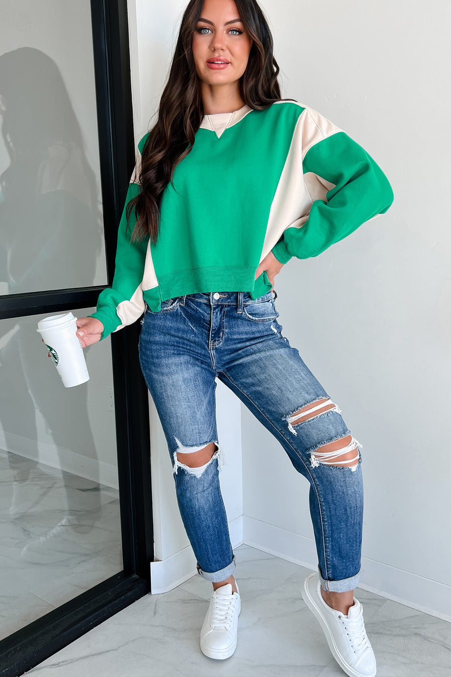 Smile More Colorblock Sweatshirt (Green/Beige) - NanaMacs