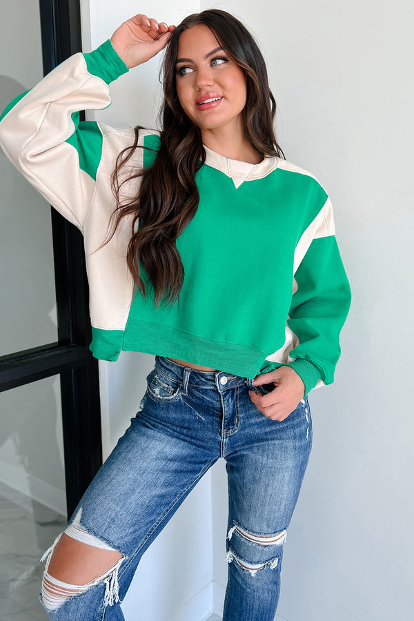 Smile More Colorblock Sweatshirt (Green/Beige) - NanaMacs