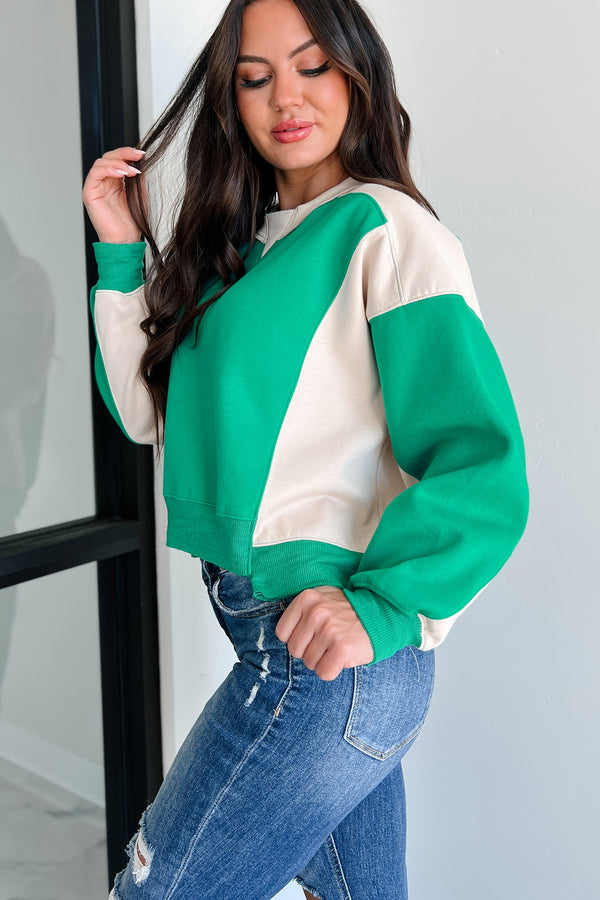 Smile More Colorblock Sweatshirt (Green/Beige) - NanaMacs