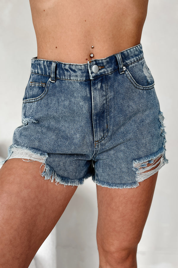 Avril High Rise Distressed Denim Shorts (Light Denim) - NanaMacs