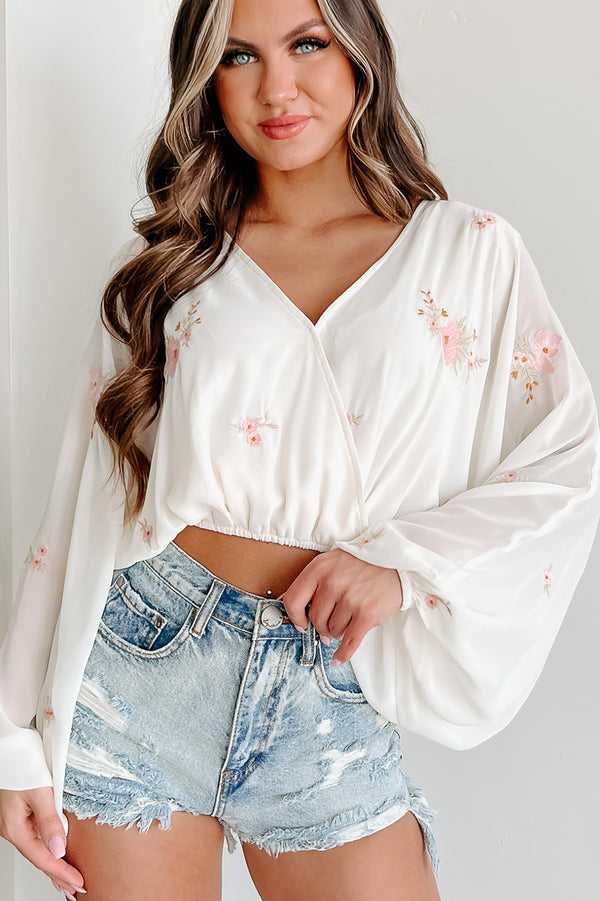 Meredith Floral Embroidered Surplice Top (Cream) - NanaMacs