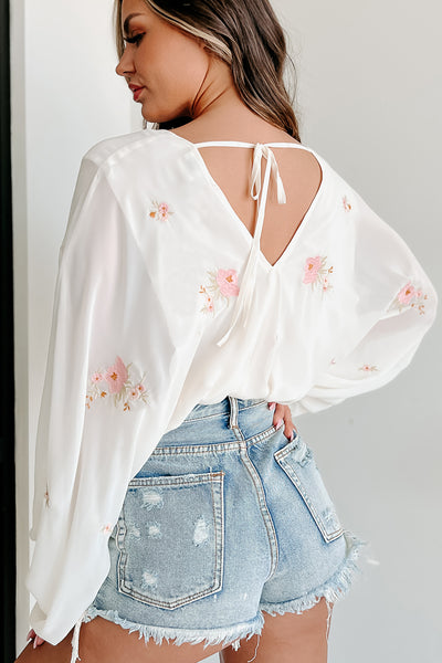 Meredith Floral Embroidered Surplice Top (Cream) - NanaMacs