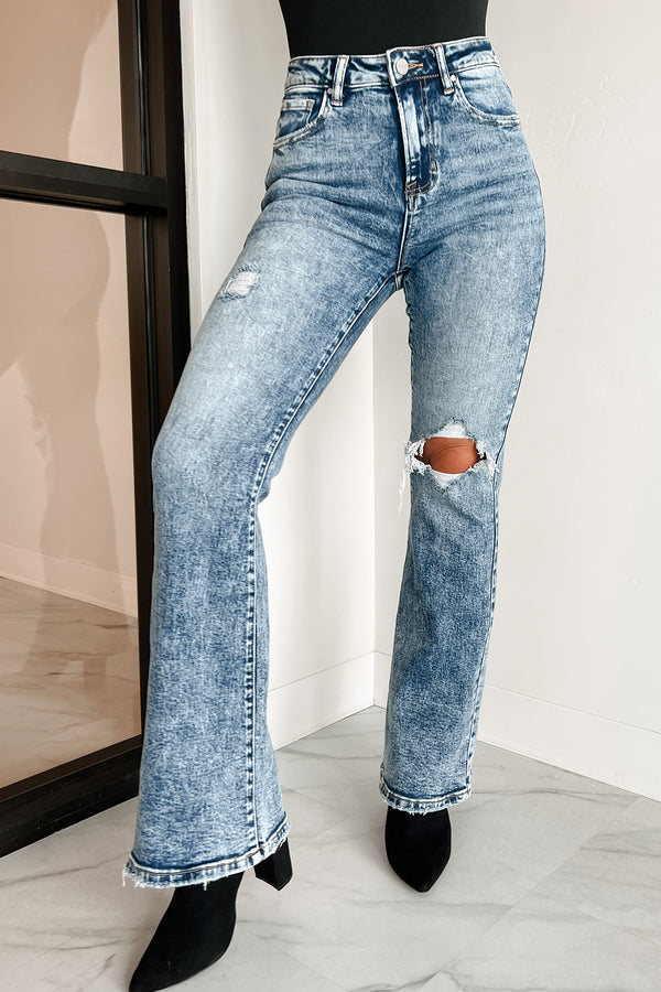 Kingsley High Rise Acid Wash Risen Flare Jeans (Acid Medium) - NanaMacs