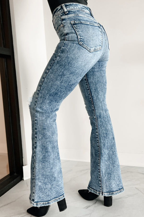 Kingsley High Rise Acid Wash Risen Flare Jeans (Acid Medium) - NanaMacs