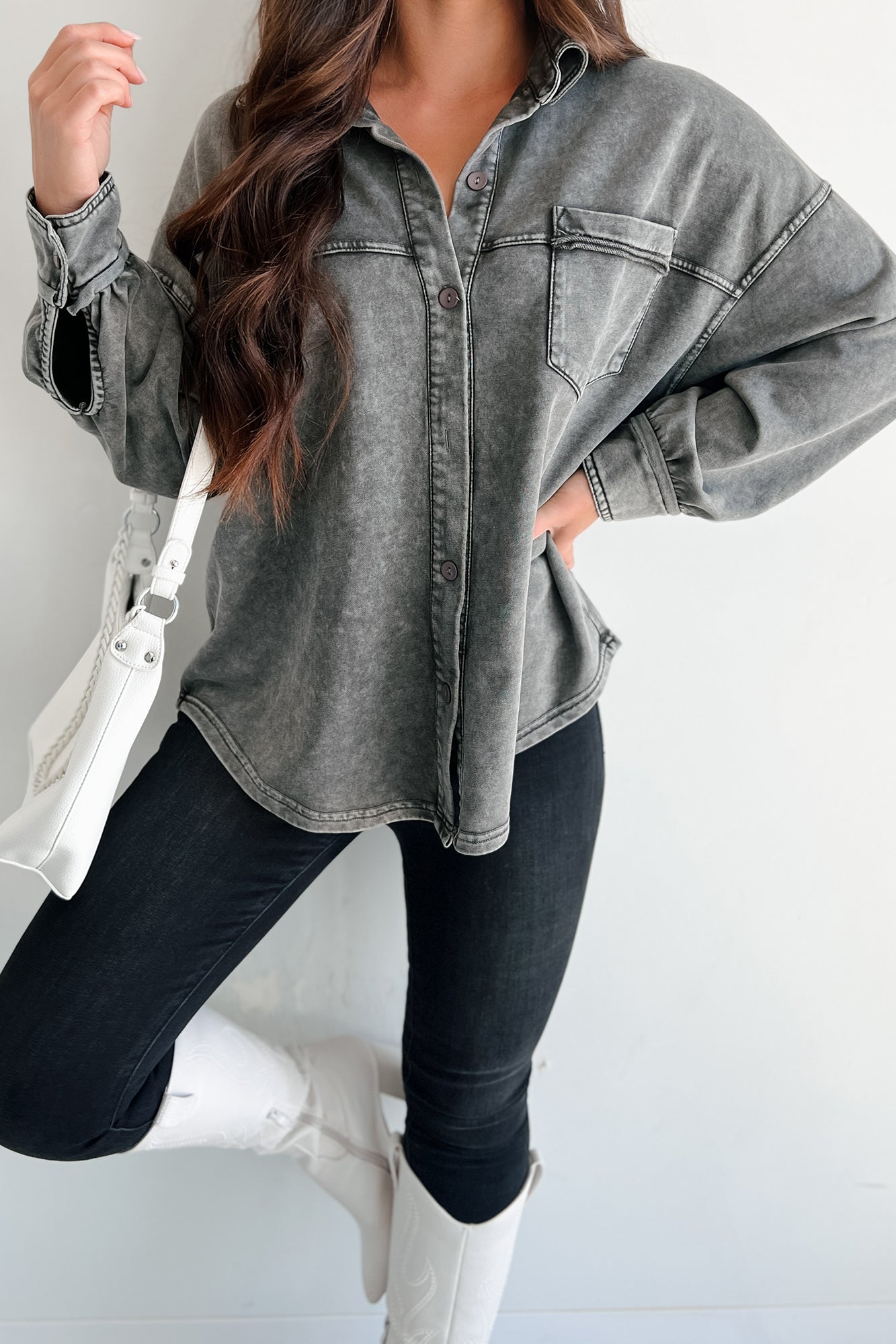 Staying Inside Oversized Vintage Wash Shirt (Charcoal) - NanaMacs