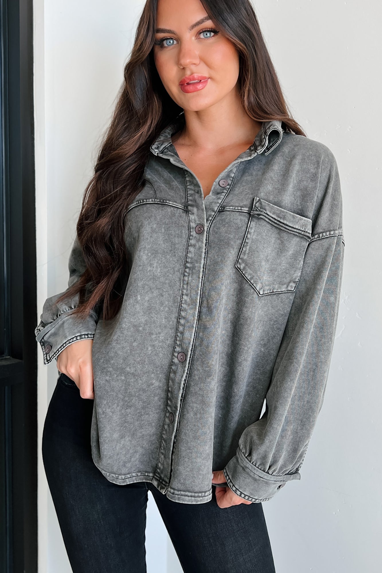 Staying Inside Oversized Vintage Wash Shirt (Charcoal) - NanaMacs